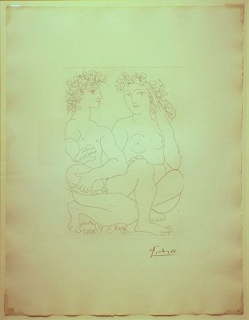 彫版 Picasso - Jeune Couple,Accroupi,l'Homme avec un tambourin
