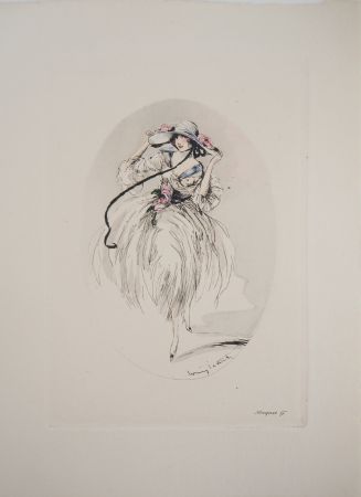 彫版 Icart - Jeune femme au chapeau paré de roses