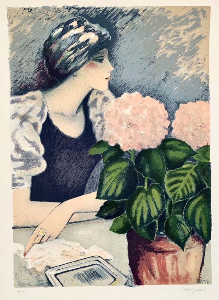 リトグラフ Cassigneul  - Jeune Femme au Hortensia