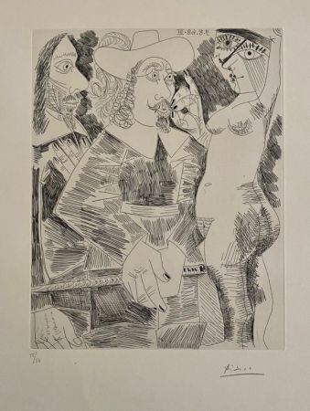 エッチング Picasso - Jeune femme tirant la moustache d'un gentilhomme en train de tortiller son jonc 