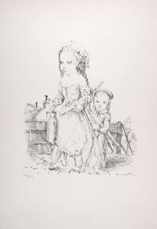 リトグラフ Foujita - Jeune fille et l'Enfant à la baguette et au pot, 1954 - Hand-signed