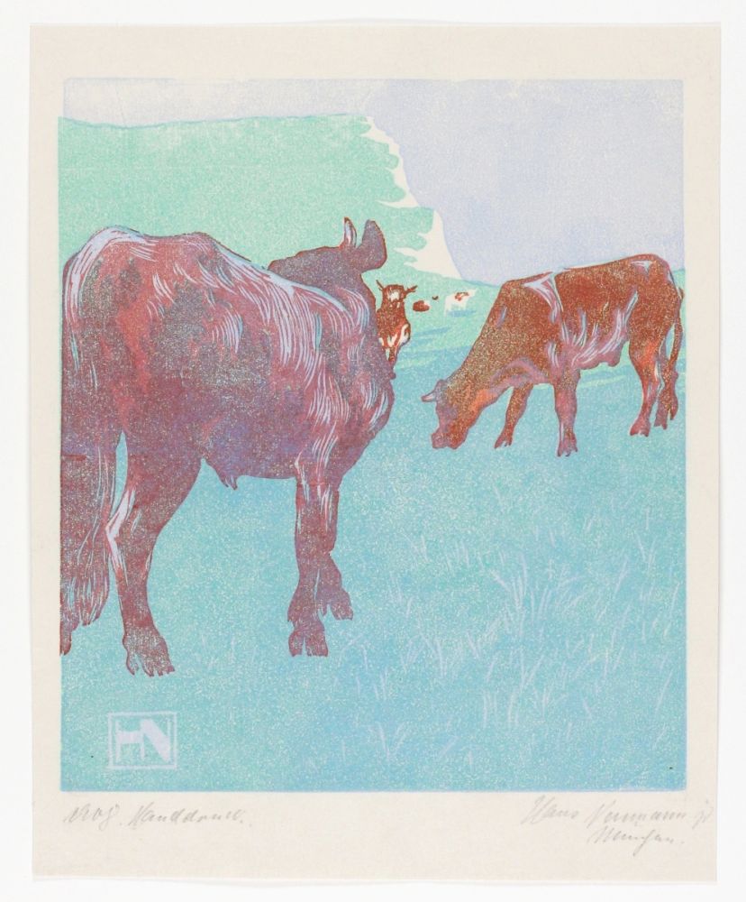 木版 Neumann - Jungbullen auf der Weide (Young bulls in the pasture)