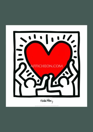 リトグラフ Haring - Keith Haring: 'Untitled (Figures with Red Heart)' 1988 Offset-lithograph