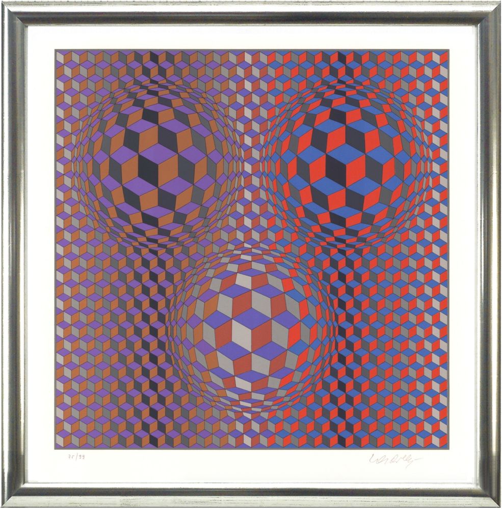 リトグラフ Vasarely - Komposition in Rot und Violett