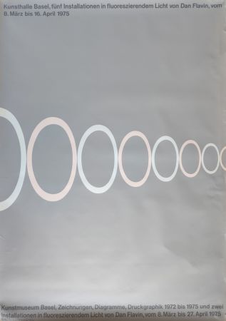 シルクスクリーン Flavin -  Kunsthalle Basel, fünf Installationen in fluoreszierendem Licht von Dan Flavin. 8. März bis 16. April 1975. 