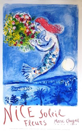 リトグラフ Chagall - La Baie des Anges Nice Soleil Fleurs