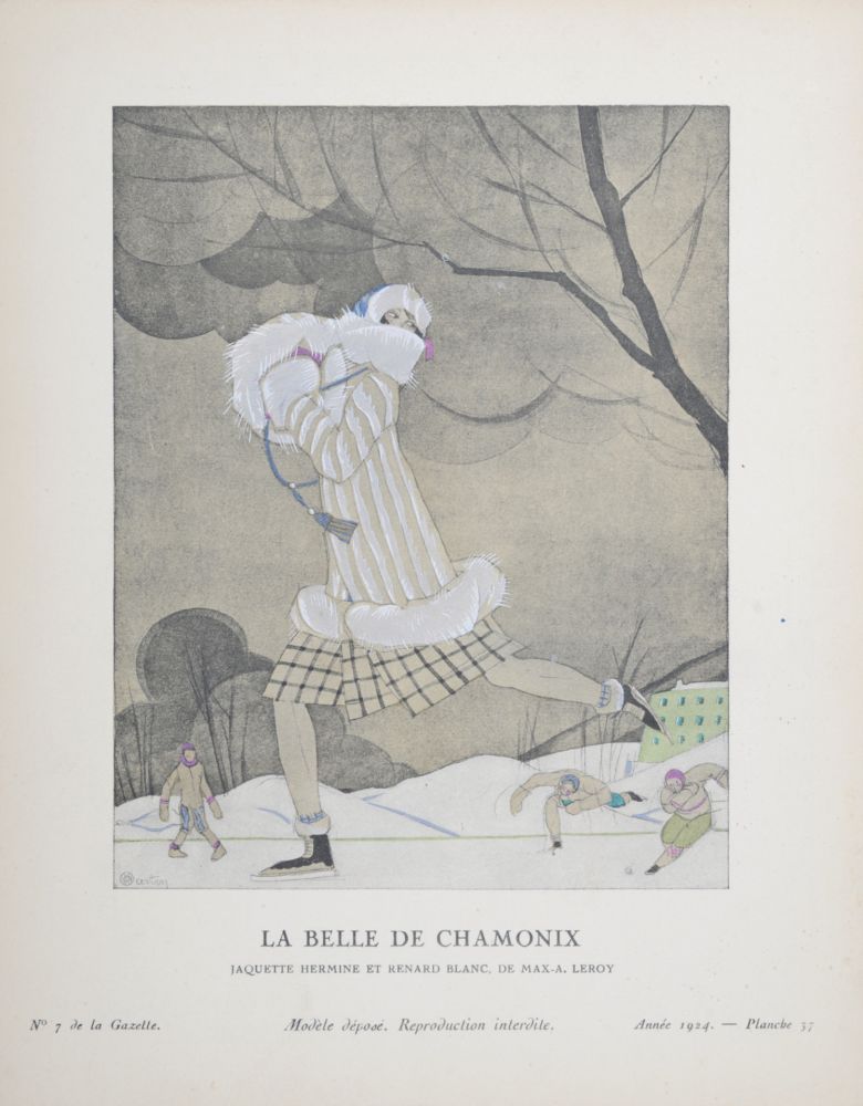 リトグラフ Martin - La Belle de Chamonix, Jaquette hermine et renard blanc de Max-A. Leroy, 1924