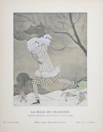 リトグラフ Martin - La Belle de Chamonix, Jaquette hermine et renard blanc de Max-A. Leroy, 1924