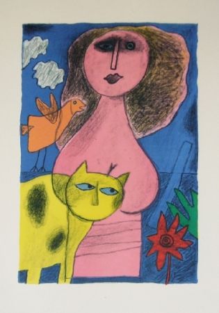 リトグラフ Corneille - La femme au chat jaune