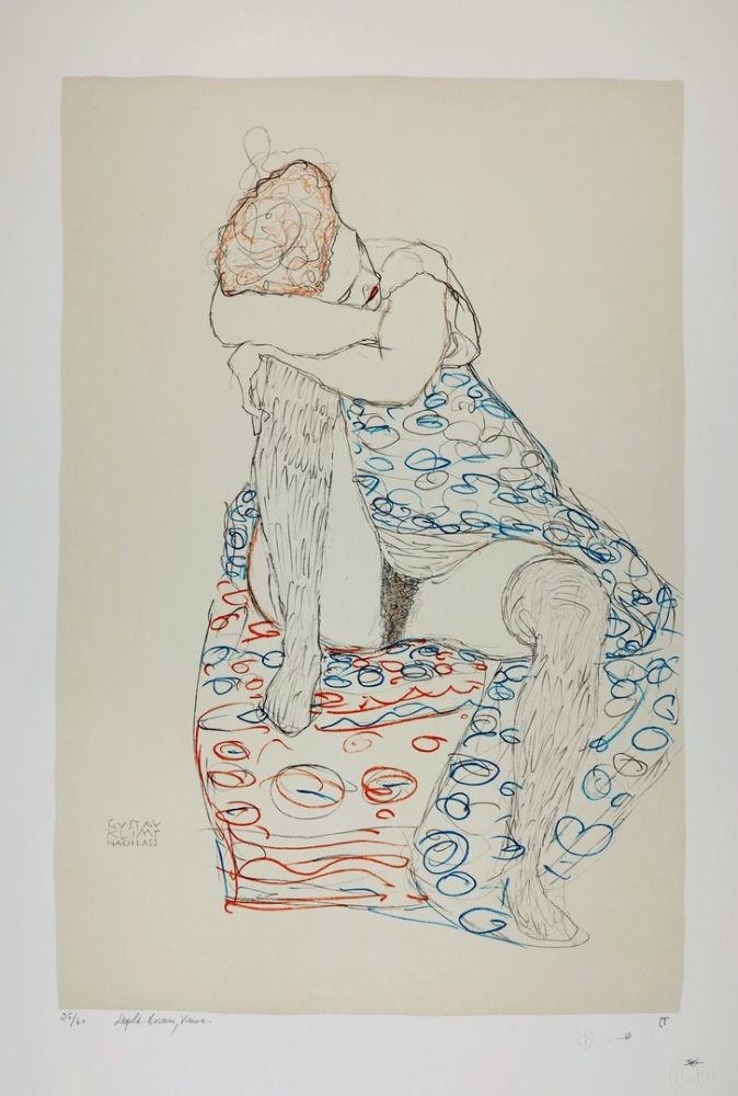 リトグラフ Klimt - La  fille aux bas de soie assise sur le tabouret, 1910 / Sitzende mit gerafftem Rock / Seated Female Semi-Nude in Patterned Dress, Her Head Resting on Her Right Knee