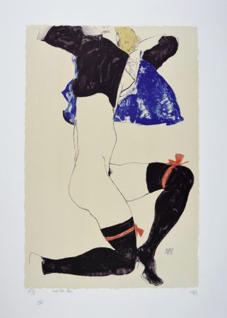 リトグラフ Schiele - La fille aux bas noirs et jarretières rouges, 1913 | The girl with black stockings and red garters, 1913