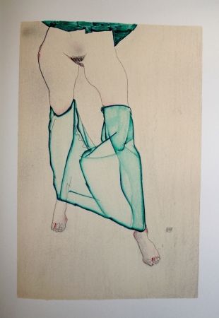 リトグラフ Schiele - LA FILLE AUX BAS VERTS / THE GIRL IN THE LOW GREEN - Lithographie / Lithograph - 1913