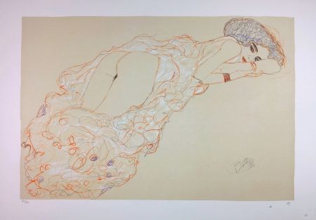 リトグラフ Klimt - La fille en robe longue / Reclining Nude Lying on Her Stomach and Facing Right / Auf dem Bauch liegender Halbakt nach rechts - 1910 