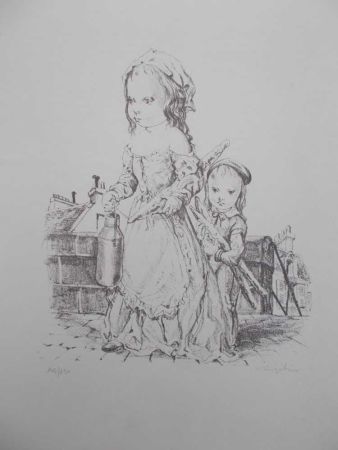 リトグラフ Foujita - La fille et l'enfant à la baguette de pain et au pot de lait