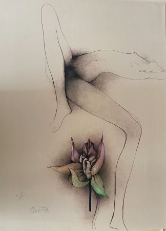 リトグラフ Bruni - La fleur du bien -Frauenakt mit Blüte