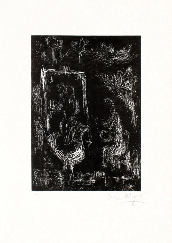 リノリウム彫版 Chagall - La Nuit Il Vole un Ange Dans le Ciel