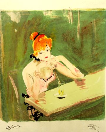 リトグラフ Domergue - La  Parisienne  Mauricette Au Cafe Caumartin
