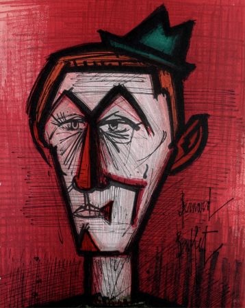 リトグラフ Buffet - Le clown au fond rouge, 1967.