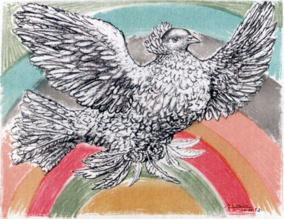 リトグラフ Picasso - Le Colomb Volant  - The Flying Dove with a Rainbow