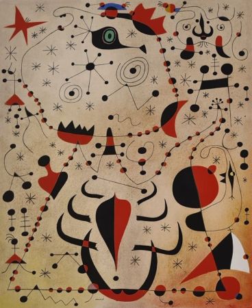 ステンシル Miró - Le crépuscule rose caresse le sexe des femmes et des oiseaux 