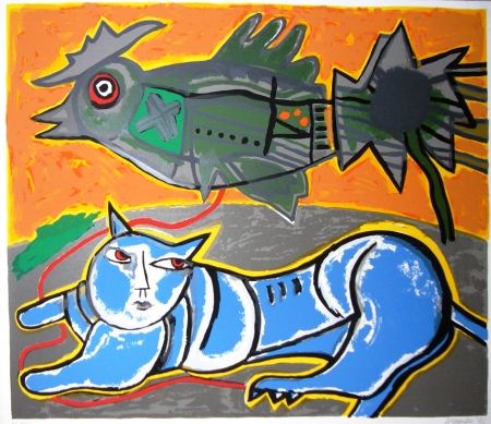 シルクスクリーン Corneille - Le grand chat bleu et l'oiseau