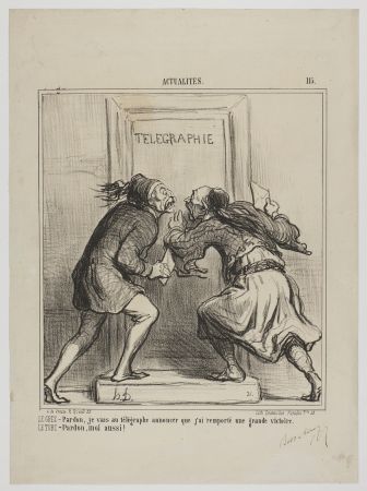 リトグラフ Daumier - LE GREC - Pardon, je vais au télégraphe annoncer que j'ai remporté une grande victoire. LE TURC - Pardon, moi aussi! 