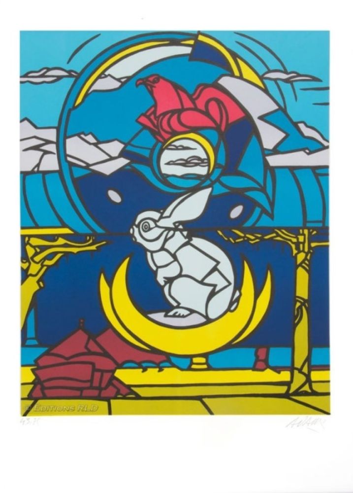 リトグラフ Adami - Le lapin, l'aigle et la lune