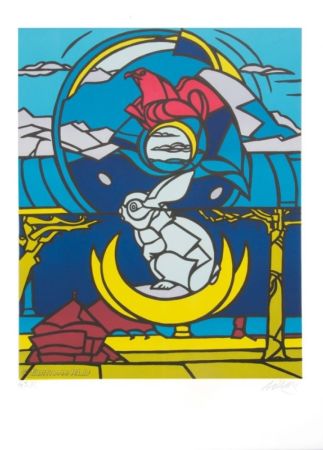 リトグラフ Adami - Le lapin, l'aigle et la lune