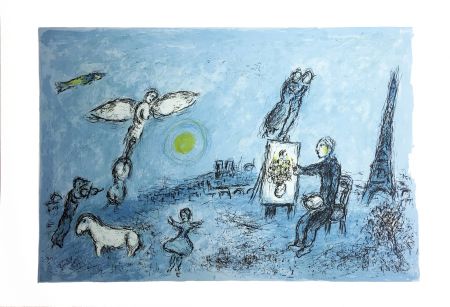 リトグラフ Chagall - LE PEINTRE ET SON DOUBLE (Épreuve à plat sur Arches). 1981.