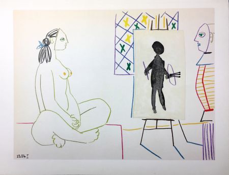 リトグラフ Picasso - Le peintre masqué et son modèle (La Comédie Humaine - Verve 29-30. Vallauris1954).