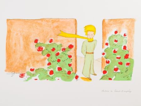 リトグラフ Saint-Exupéry - Le Petit Prince dans le jardin des roses