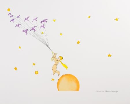 リトグラフ Saint-Exupéry - Le Petit Prince en route vers une autre planète