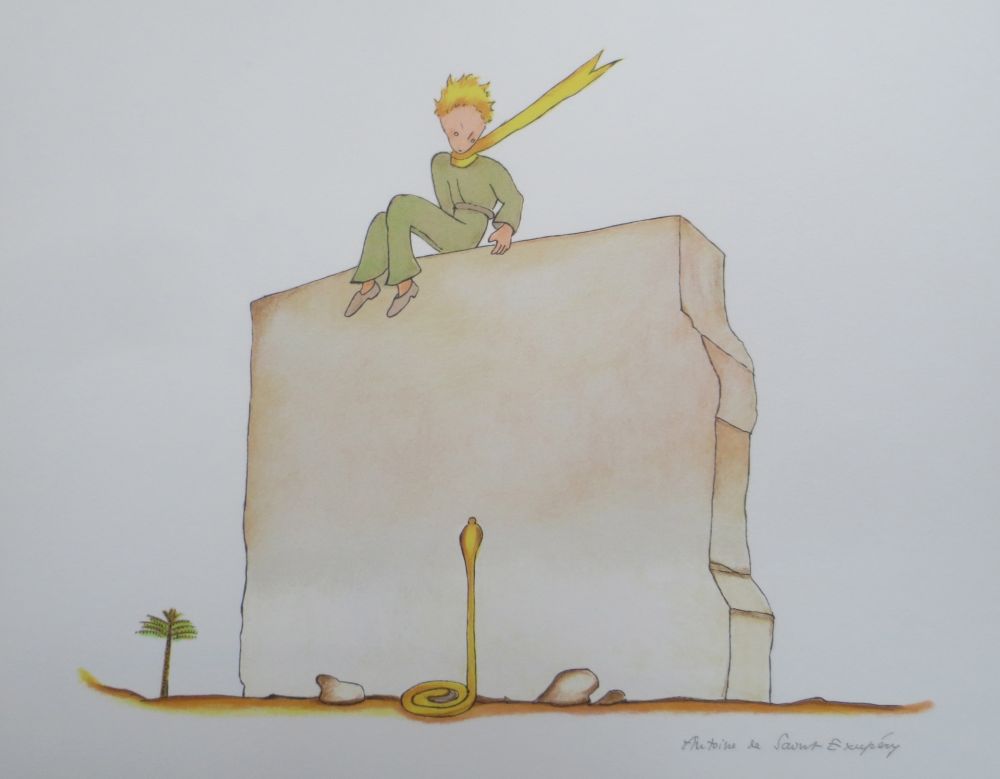 リトグラフ Saint-Exupéry - Le petit prince et le serpent au pied du mur