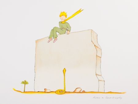 リトグラフ Saint-Exupéry - Le Petit Prince et le serpent au pied du mur