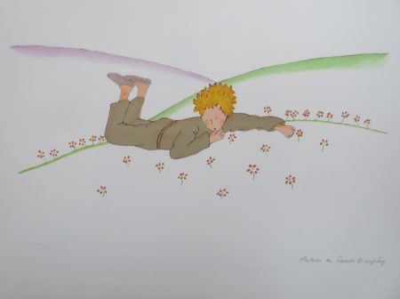 リトグラフ Saint-Exupéry - Le petit prince parmi les fleurs