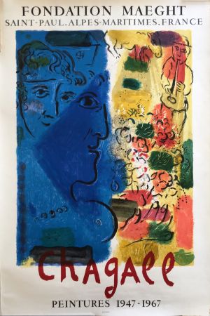 リトグラフ Chagall - LE PROFIL BLEU (1967) Affiche d'exposition. Lithographie originale.
