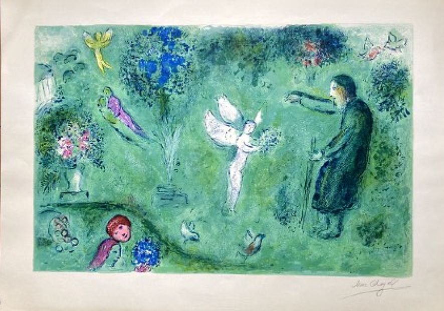 リトグラフ Chagall - LE VERGER DE PHILETAS, signée à grandes marges (Daphnis et Chloé - 1961)