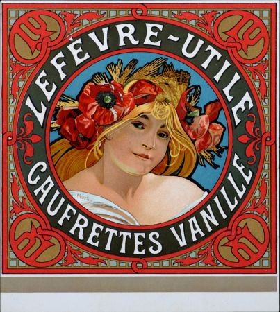 リトグラフ Mucha - Lefèvre-Utile, Gaufrettes vanille - Lithograph enhanced with golden ink (Very scarce!)