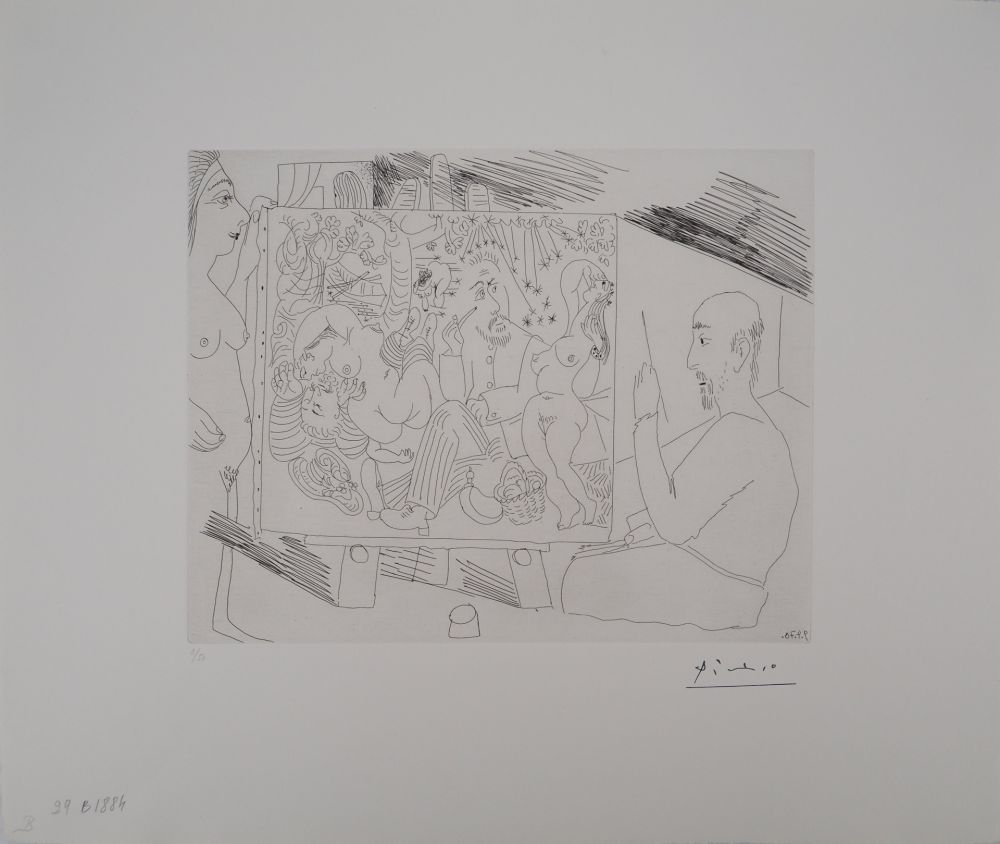 彫版 Picasso - Les 156, planche 29 : Peintre dans son atelier peignant « Le Déjeuner sur l’herbe », avec un modèle