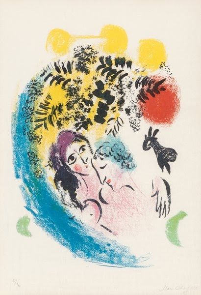 リトグラフ Chagall - Les amoureux au soleil rouge