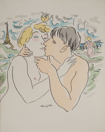 彫版 Foujita - Les amoureux à Paris