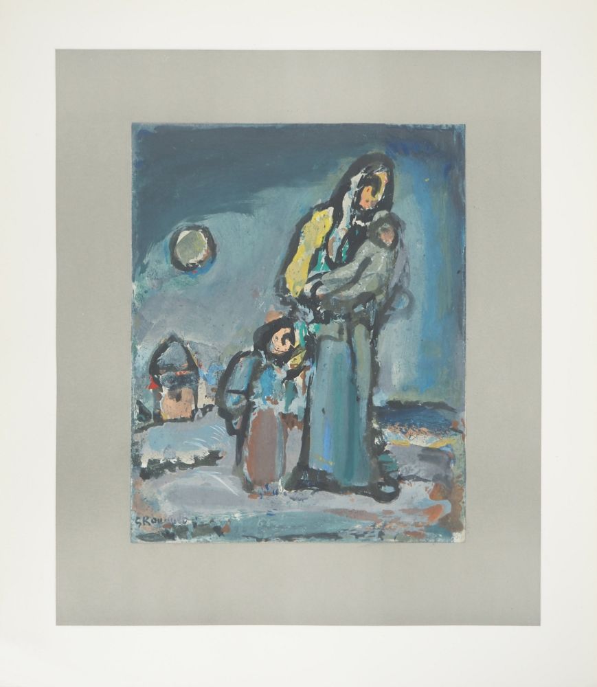 リトグラフ Rouault - L'Hiver, Famille marchant dans la neige, c