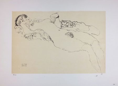 リトグラフ Klimt - Liegender Mädchenakt nach links / Reclining female nude facing left - 1914