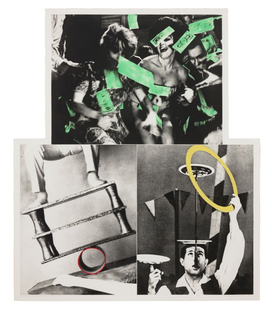 多数の Baldessari - Life's Balance (with Money)  1989-90  Etching, aquatint and photogravure in colors, on irregularly shaped Somerset paper  51 x 31 7/8 in.  Presentation Proof  Signed in pencil, annotated 'PRESENTATION PROOF'
