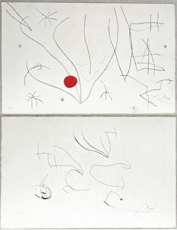 エッチングと　アクチアント Miró - L'ISSUE DÉROBÉE. Pointe sèche, aquatinte et gaufrage, signée à double face (1974)