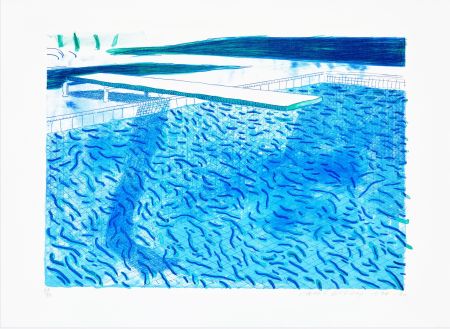 リトグラフ Hockney - Lithograph of Water made of thick and thin lines, a green wash, a light blue wash, and a dark blue wash