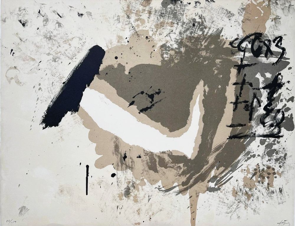 リトグラフ Tàpies - Lithographie en noir, gris et terre de Sienne 