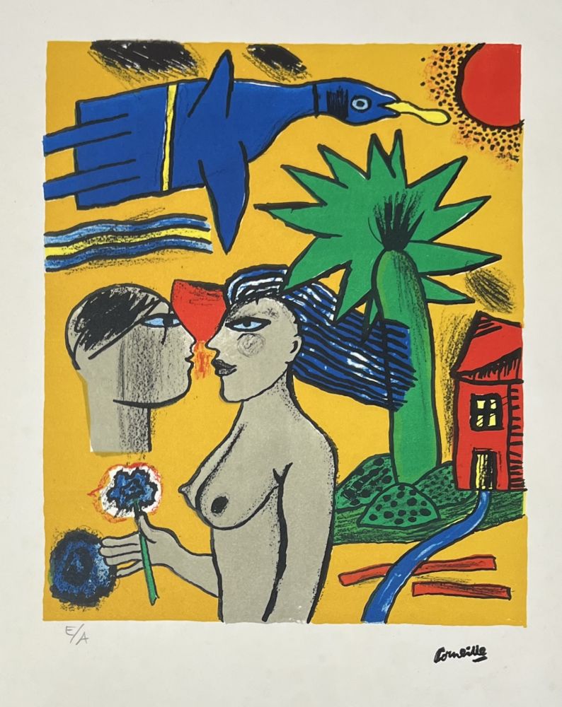 リトグラフ Corneille - Lithographie Femmes et oiseau, 1998