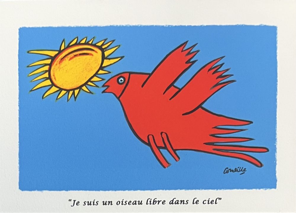 リトグラフ Corneille - Lithographie Je suis un oiseau libre dans le ciel 
