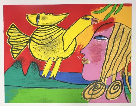 リトグラフ Corneille - Lithographie La lune compagne de l'oiseau 1993